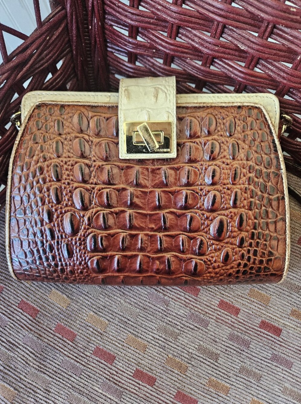 Brahmin Brown Croc-Embossed Crossbody with Cream Trim